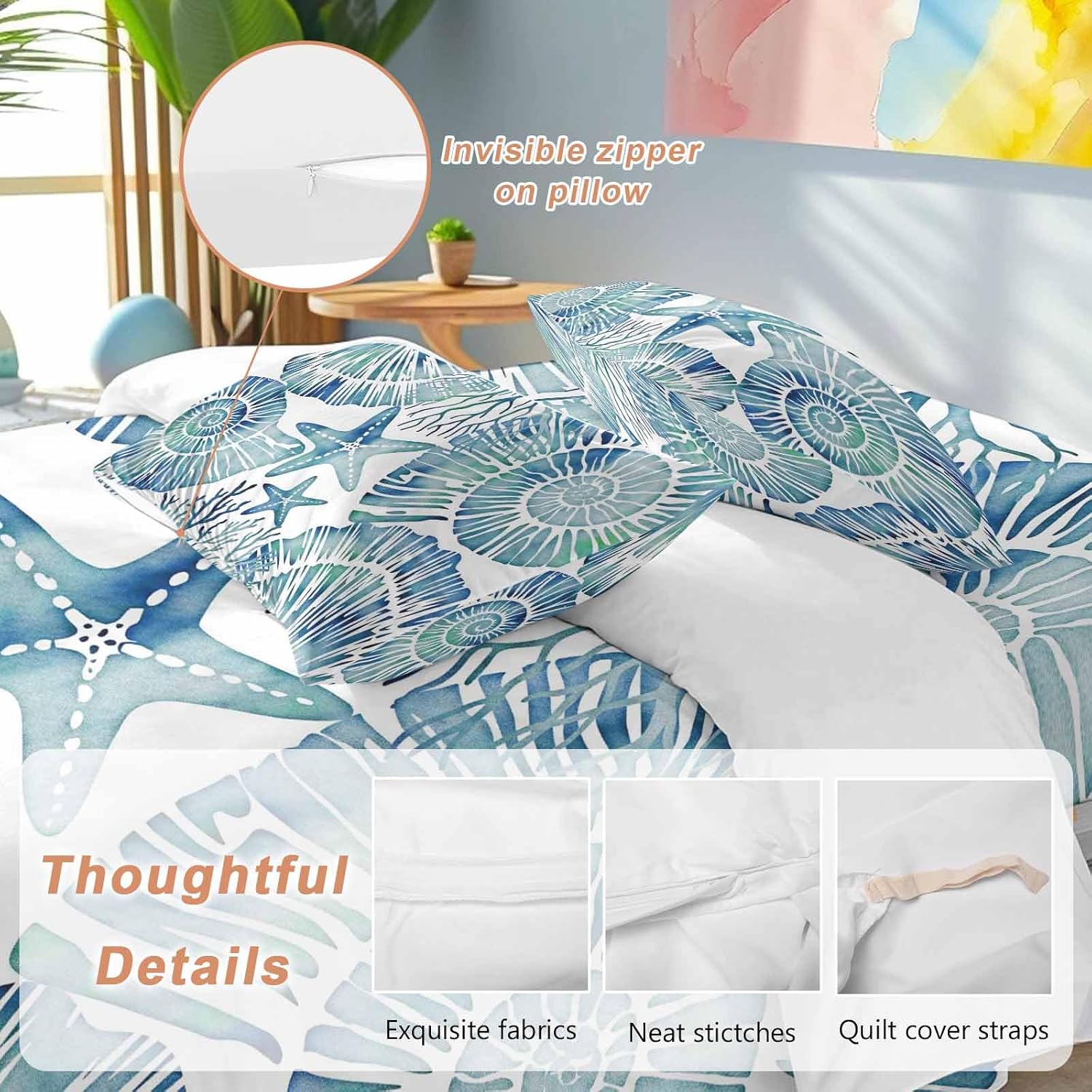 Summer Nautical Duvet Cover Set Queen Size 4 Pieces Blue Seashells Starfish Conch Coral Ocean Bedding Set with Zipper Closure, 1 Comforter Cover 92x106 Inches 1 Flat Sheet & 2 Pillow Cases