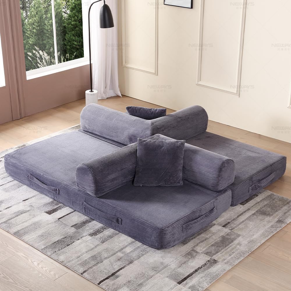 WILLIAMSPACE 77.9' Modern Loveseat Sofa Fold-Out Sofa Bed, Convertible Chair Floor Couch with Removable Backrest, Comfy Sofa Folding Mattress Couch Bed for Living Room, Bedroom, Corduroy, Gray