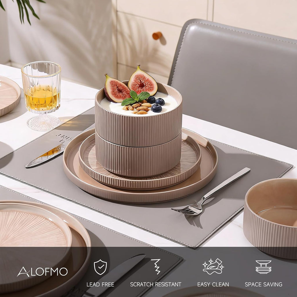 Dinnerware Sets, Ceramic Plates and Bowls Set 24 Piece Dinnerware for 8 Chip Resistant Stoneware with Advanced Inkjet Printing Technology, Dishwasher and Microwave Safe-Dusty Brown