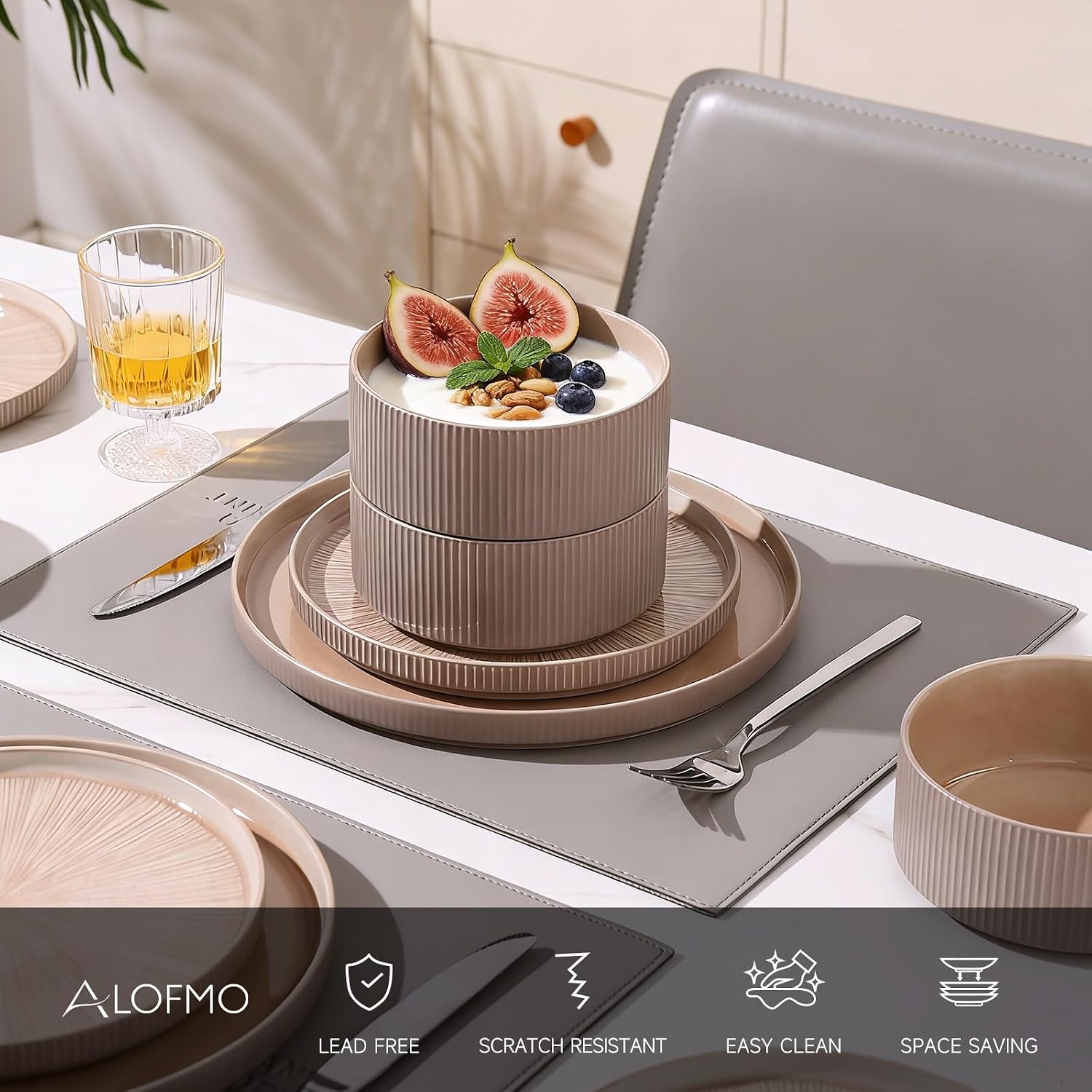 Dinnerware Sets, Ceramic Plates and Bowls Set 24 Piece Dinnerware for 8 Chip Resistant Stoneware with Advanced Inkjet Printing Technology, Dishwasher and Microwave Safe-Dusty Brown