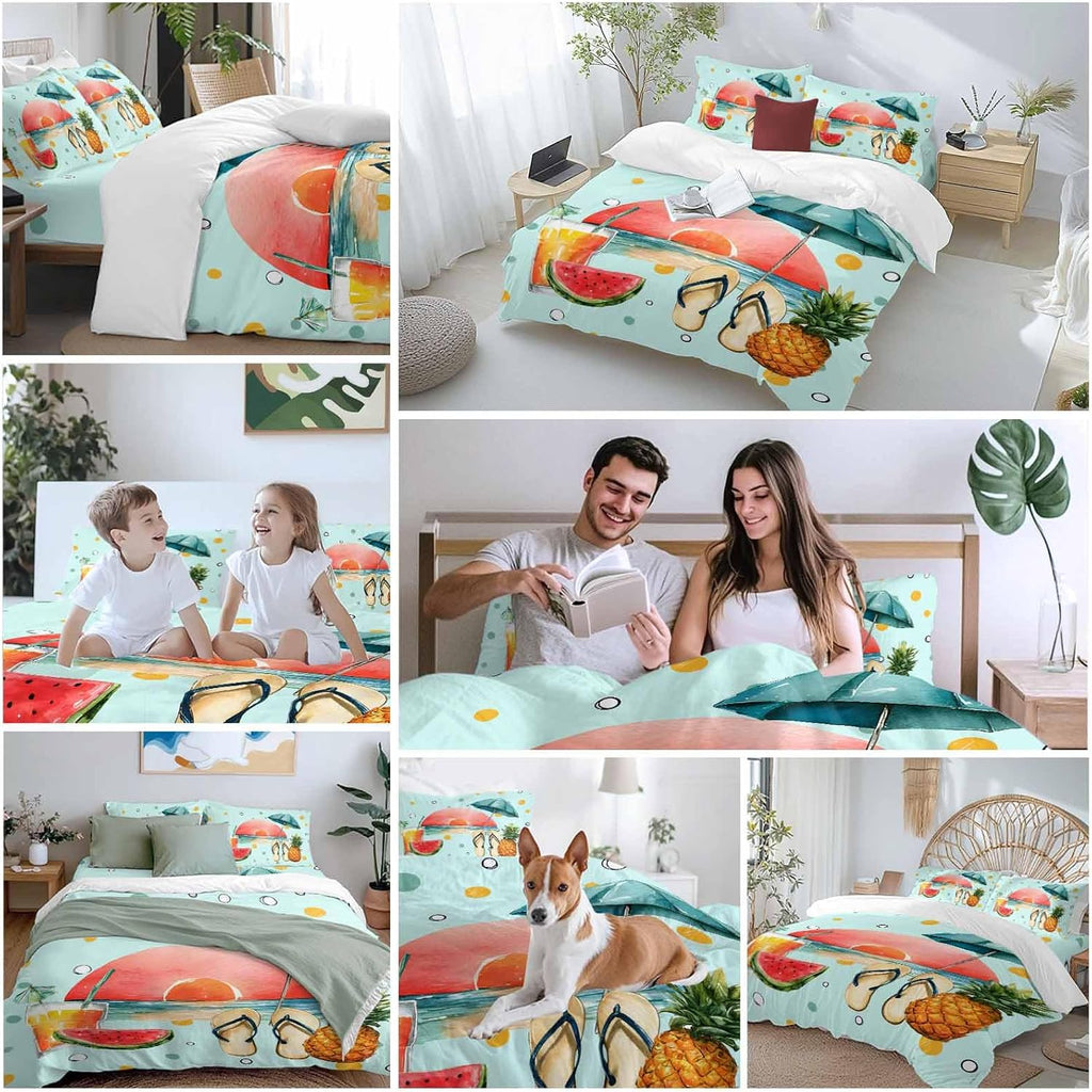 Summer Beach Duvet Cover Set Queen Size 4 Pieces Watermelon Pineapple Umbrella Polka Dot Blue Bedding Set with Zipper Closure, 1 Comforter Cover 90x92 Inches 1 Flat Sheet & 2 Pillow Cases