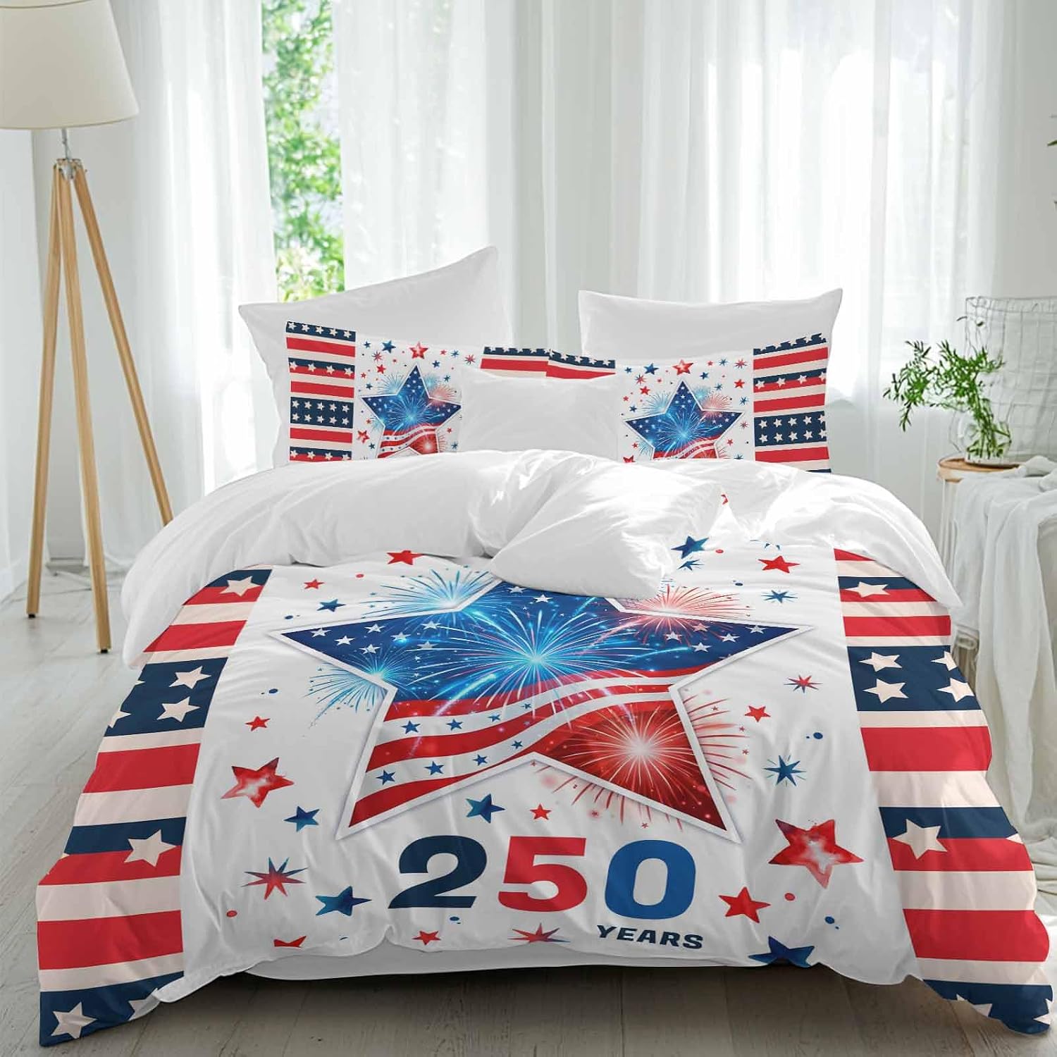 Independence Day Duvet Cover Set Queen Size 4 Pieces 250th Years US Flag Red Blue Star Fireworks Bedding Set with Zipper Closure, 1 Comforter Cover 86x86 Inches 1 Flat Sheet & 2 Pillow Cases