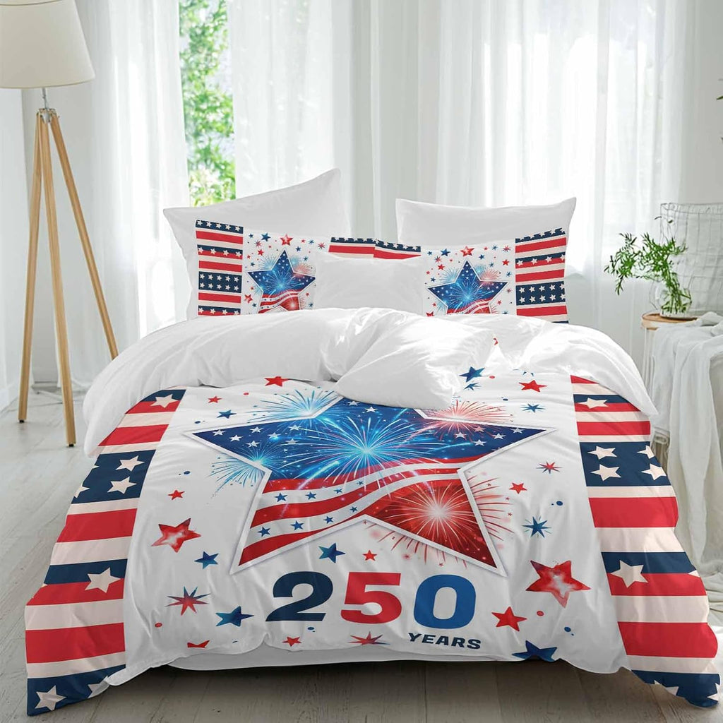 Independence Day Duvet Cover Set Queen Size 4 Pieces 250th Years US Flag Red Blue Star Fireworks Bedding Set with Zipper Closure, 1 Comforter Cover 92x106 Inches 1 Flat Sheet & 2 Pillow Cases