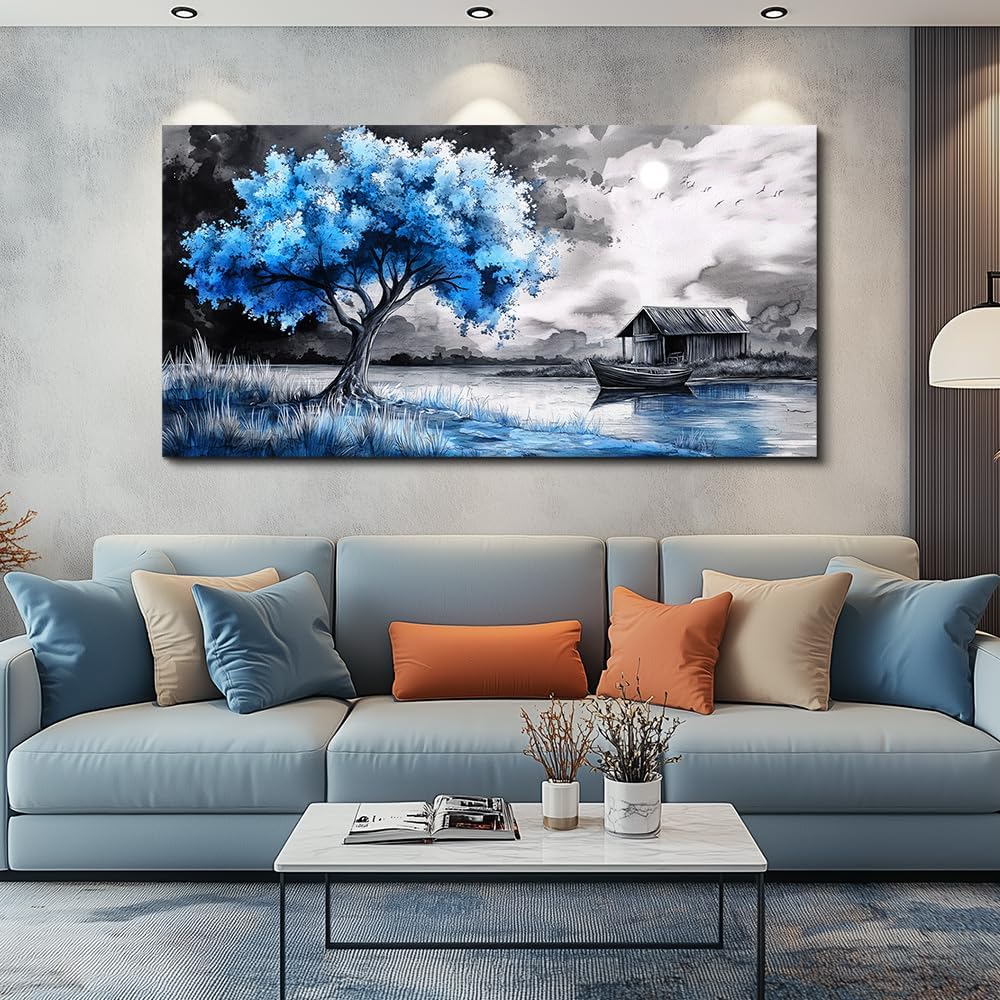 PHAOHUAXM Large Wall Art For Living Room Blue Wall Decor For Bedroom Black White And Blue Trees Wall Pictures Restaurant Office Frame Printing Canvas Large Artwork Modern Home Decoration 30x60 in