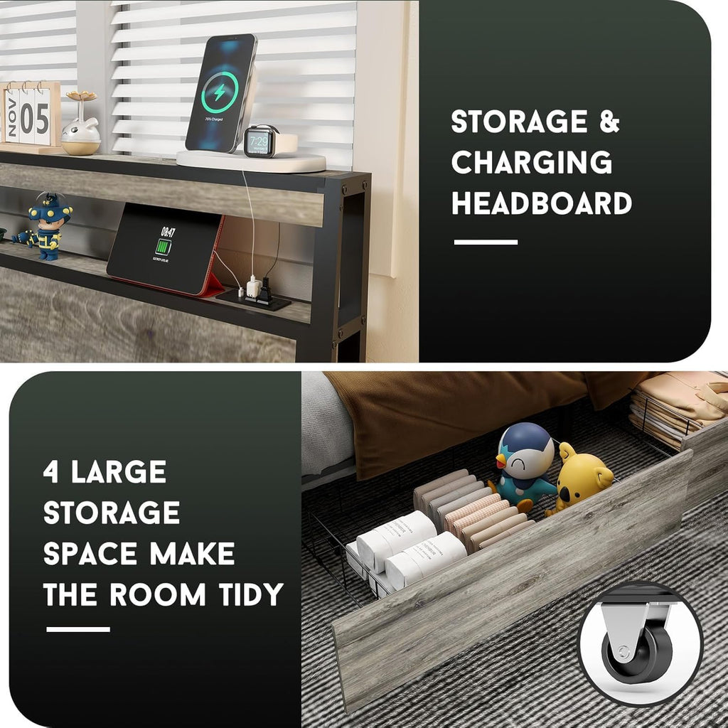 Fabulis King Size Bed Frame with 4 Storage Drawers and Headboard with Charging Station and LED Lights,2 Tier Solid Wood Headboard Storage/Noise Free/No Box Spring Needed/Remote Control/Rustic Grey
