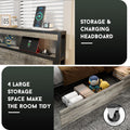 Fabulis King Size Bed Frame with 4 Storage Drawers and Headboard with Charging Station and LED Lights,2 Tier Solid Wood Headboard Storage/Noise Free/No Box Spring Needed/Remote Control/Rustic Grey