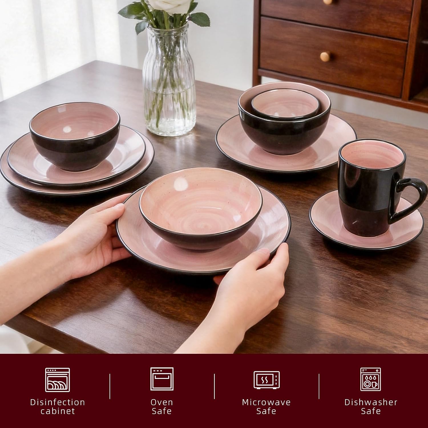 Stoneware Sonoma 56pc Dinnerware Set, Black + Speckled Spin Wash Rose