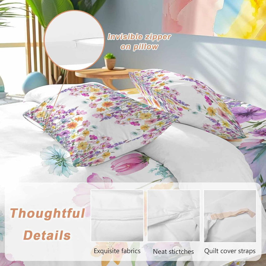 Spring Floral Duvet Cover Set Queen Size 4 Pieces Romantic Colorful Flowers Watercolor Country Leaf Bedding Set with Zipper Closure, 1 Comforter Cover 86x86 Inches 1 Flat Sheet & 2 Pillow Cases