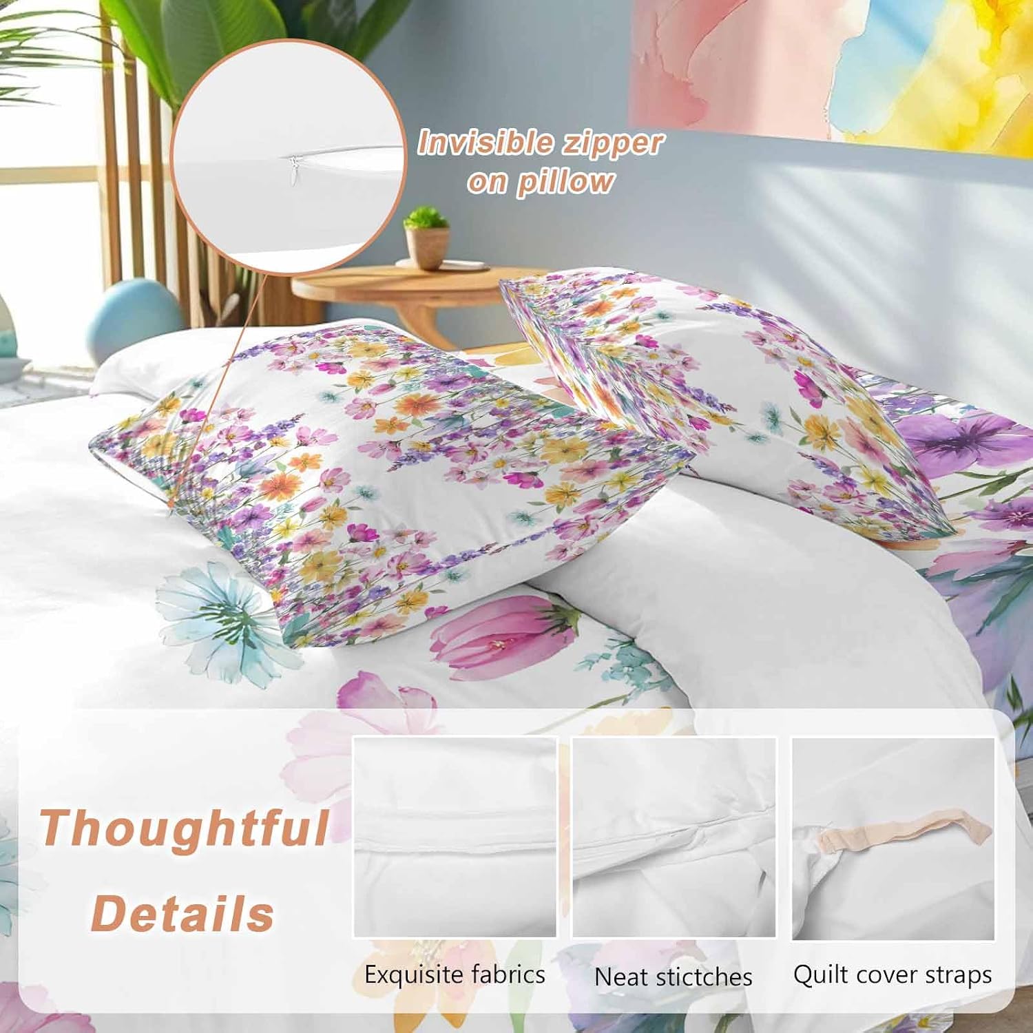 Spring Floral Duvet Cover Set Queen Size 4 Pieces Romantic Colorful Flowers Watercolor Country Leaf Bedding Set with Zipper Closure, 1 Comforter Cover 86x86 Inches 1 Flat Sheet & 2 Pillow Cases