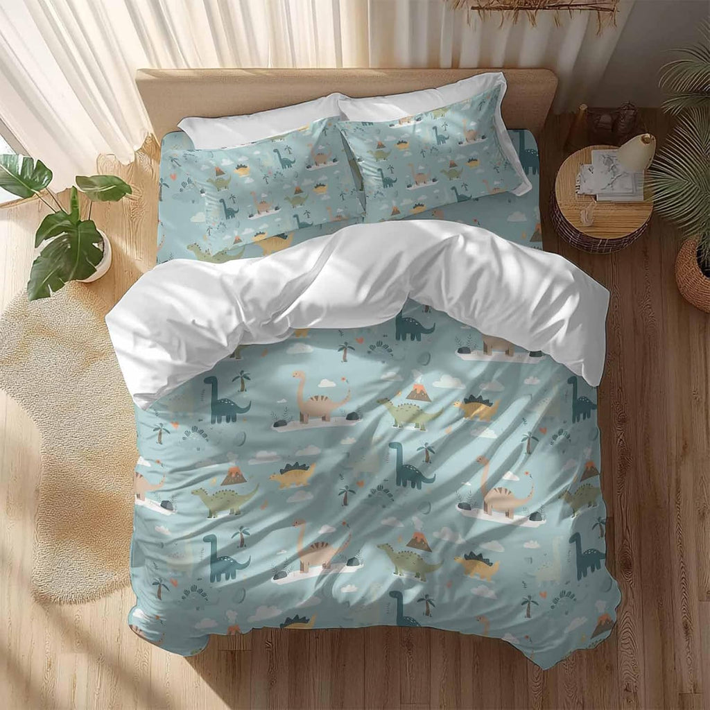 Green Cute Dinosaurs Duvet Cover Set Queen Size 4 Pieces Lovely Colorful Cartoon Animals Tree Cloud Bedding Set with Zipper Closure, 1 Comforter Cover 90x92 Inches 1 Flat Sheet & 2 Pillow Cases