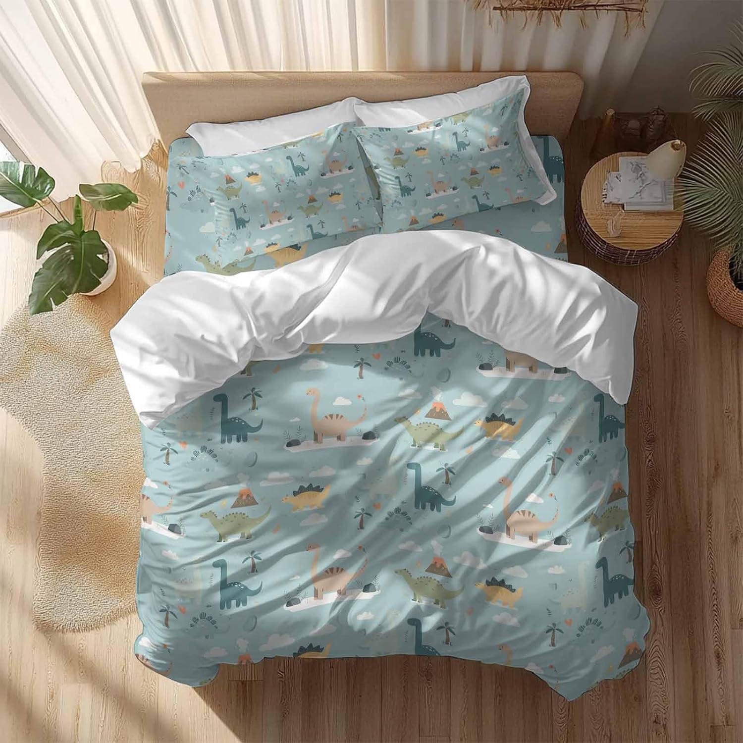 Green Cute Dinosaurs Duvet Cover Set Queen Size 4 Pieces Lovely Colorful Cartoon Animals Tree Cloud Bedding Set with Zipper Closure, 1 Comforter Cover 90x92 Inches 1 Flat Sheet & 2 Pillow Cases