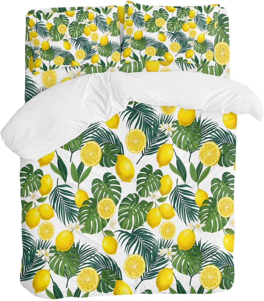 Prime Leader Lemon Leaf Duvet Cover Set Queen Size 4 Pieces Watercolor Lemon Floral Monstera Leaf Bedding Set with Zipper Closure, 1 Comforter Cover 86x86 Inches 1 Flat Sheet & 2 Pillow Cases