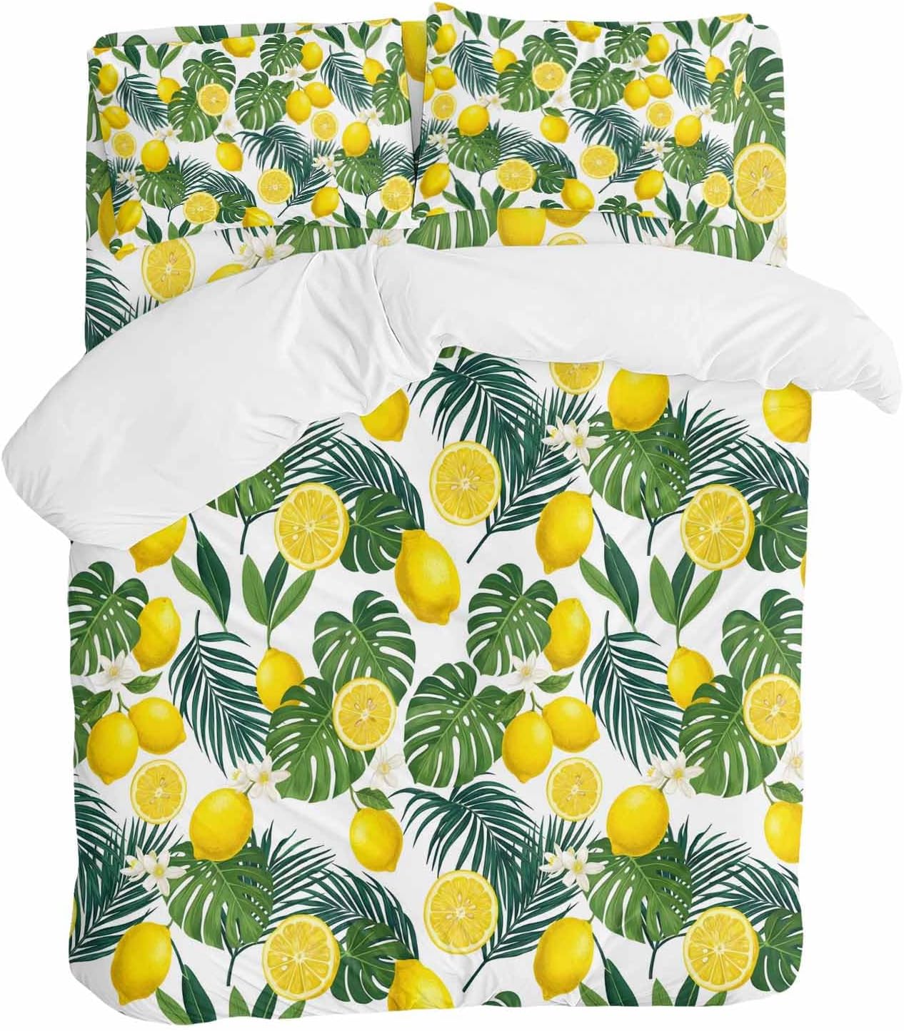 Prime Leader Lemon Leaf Duvet Cover Set Queen Size 4 Pieces Watercolor Lemon Floral Monstera Leaf Bedding Set with Zipper Closure, 1 Comforter Cover 86x86 Inches 1 Flat Sheet & 2 Pillow Cases