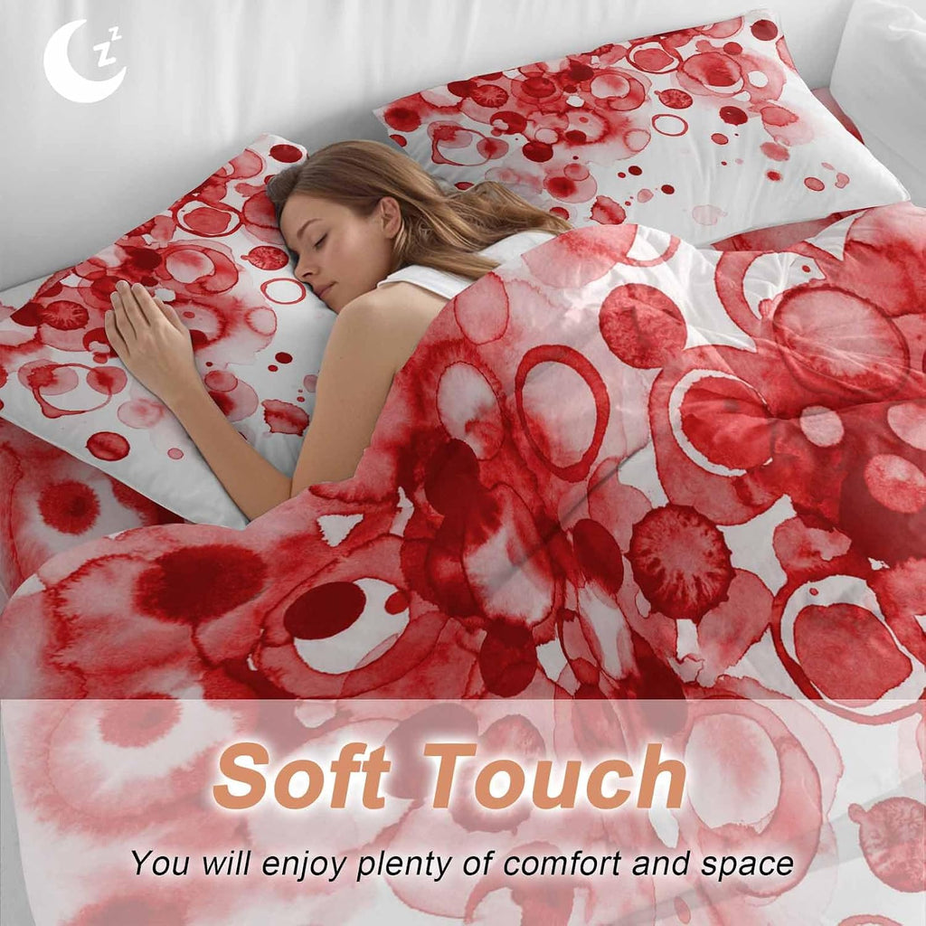 Abstract Duvet Cover Set Queen Size 4 Pieces Red Gradient Watercolors Ink Points Minimalist Style Bedding Set with Zipper Closure, 1 Comforter Cover 86x86 Inches 1 Flat Sheet & 2 Pillow Cases