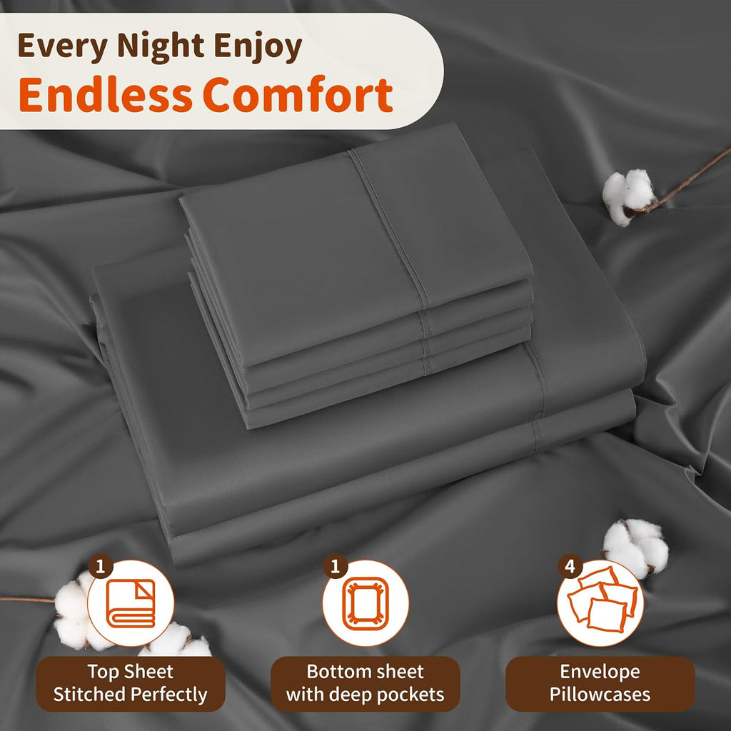 LBRO2M 1000 Thread Count 100% Egyptian Cotton Sheets Set 6 Piece Sets King Bed Sheet Deep Pocket Sheet Set 16' Soft Comfortable All Season (King, Dark Gray)