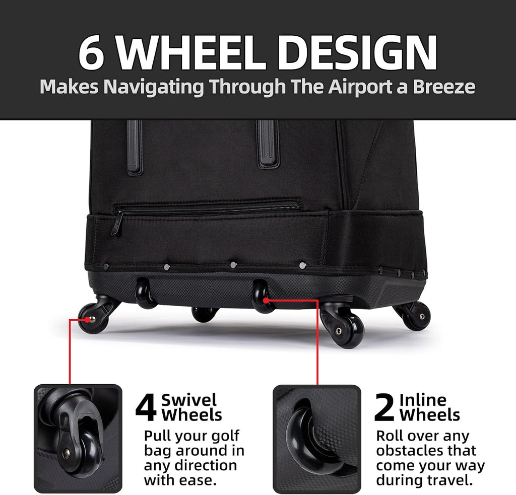 Self Standing Upright All Direction 4 Spinner Swivel Wheel Golf Travel Bag. Soft-Sided Fully Padded Heavy Duty Fabric. Multidirectional Airline Travel Cover Case. Compact Foldable Carry Bag Included.