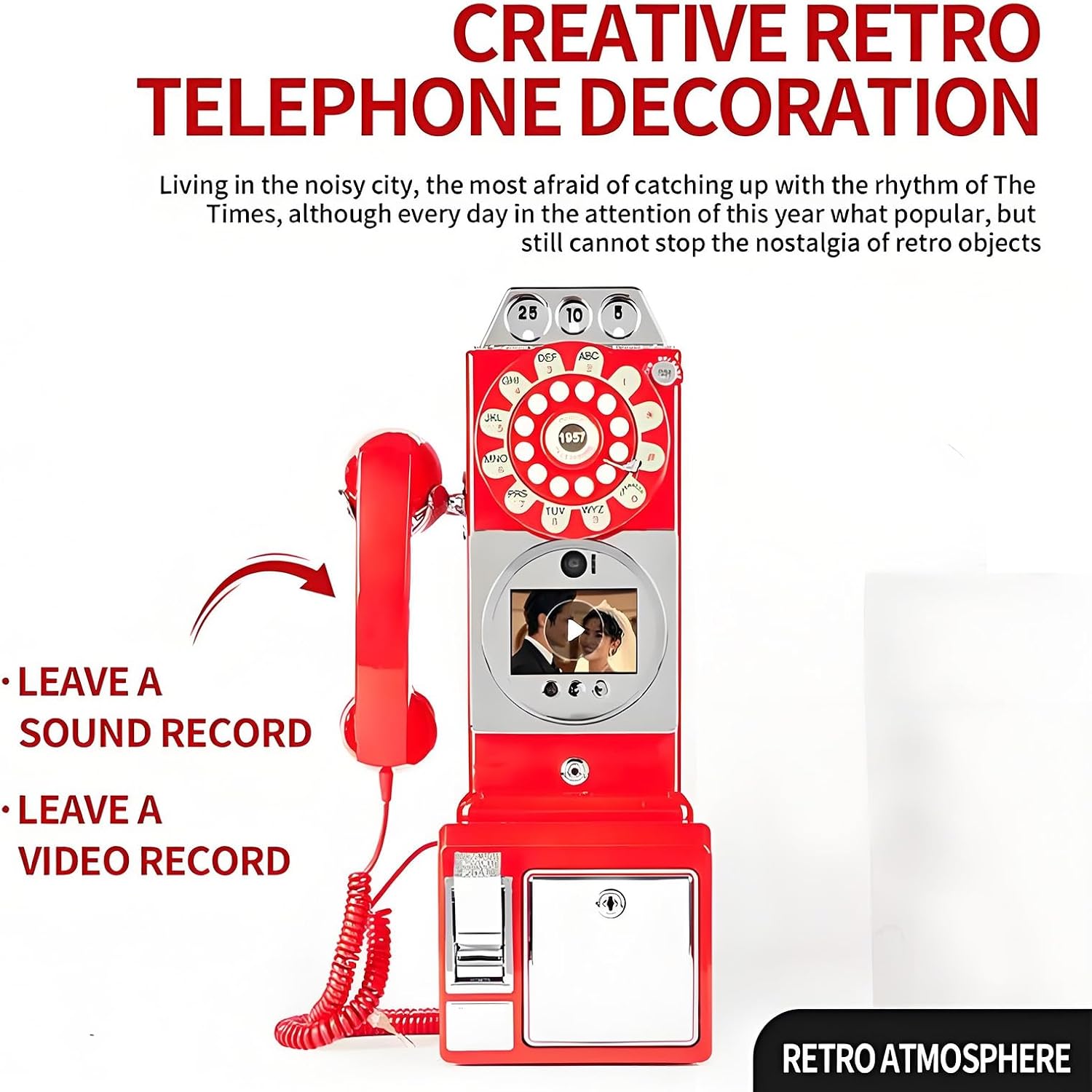 32G Retro Video Audio Guest Book Wedding Phone- Creative Record Customized Video Messages GuestBook – A Personal and Convenient Way to Preserve Your Special Occasions(Red)