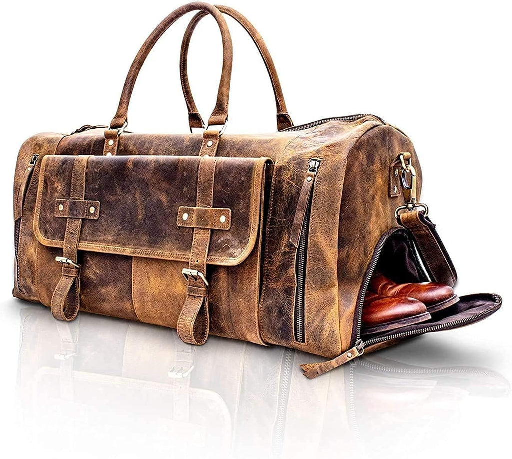 Leather Travel Duffle Bags for Men and Women cabin friendly Weekend Bag Sports Gym airplane carry on overnight duffel