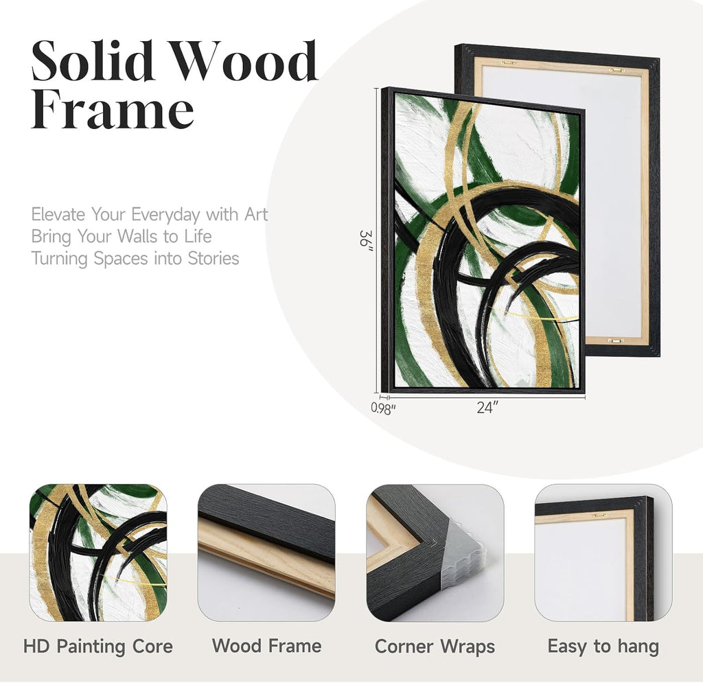 Framed Green Abstract Wall Art Set of 2 for Living Room, Large Green Gold and Black Canvas Artwork for Walls, Modern Luxury Painting Print for Bedroom Dining Room Office Hallway Wall Decor, 24x36 Inch