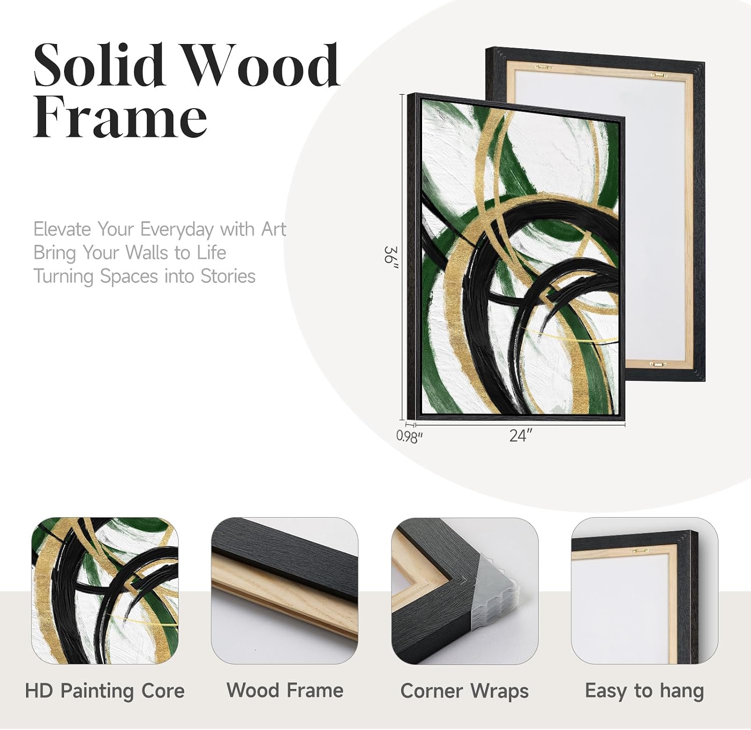 Framed Green Abstract Wall Art Set of 2 for Living Room, Large Green Gold and Black Canvas Artwork for Walls, Modern Luxury Painting Print for Bedroom Dining Room Office Hallway Wall Decor, 24x36 Inch