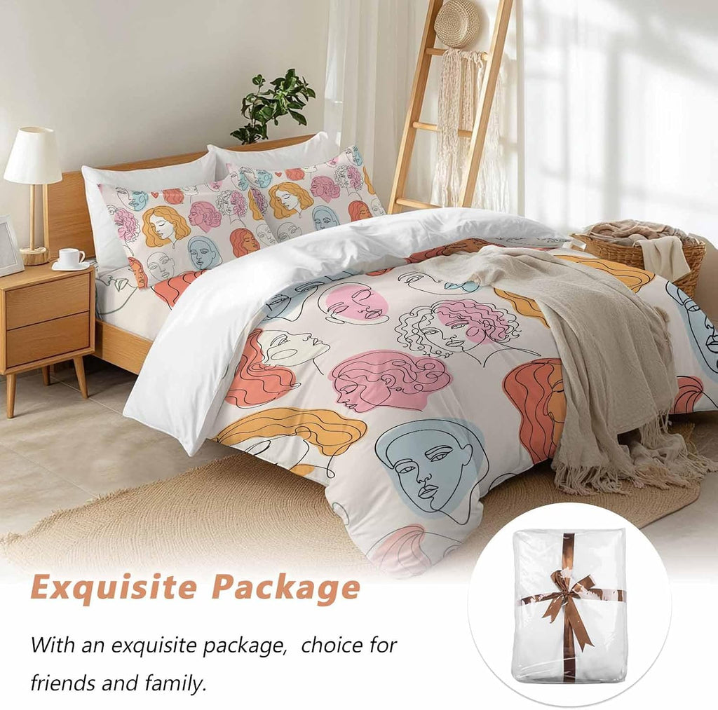 Abstract Face Painting Duvet Cover Set Queen Size 4 Pieces Boho Pink Portraits Minimalist Line Bedding Set with Zipper Closure, 1 Comforter Cover 86x86 Inches 1 Flat Sheet & 2 Pillow Cases