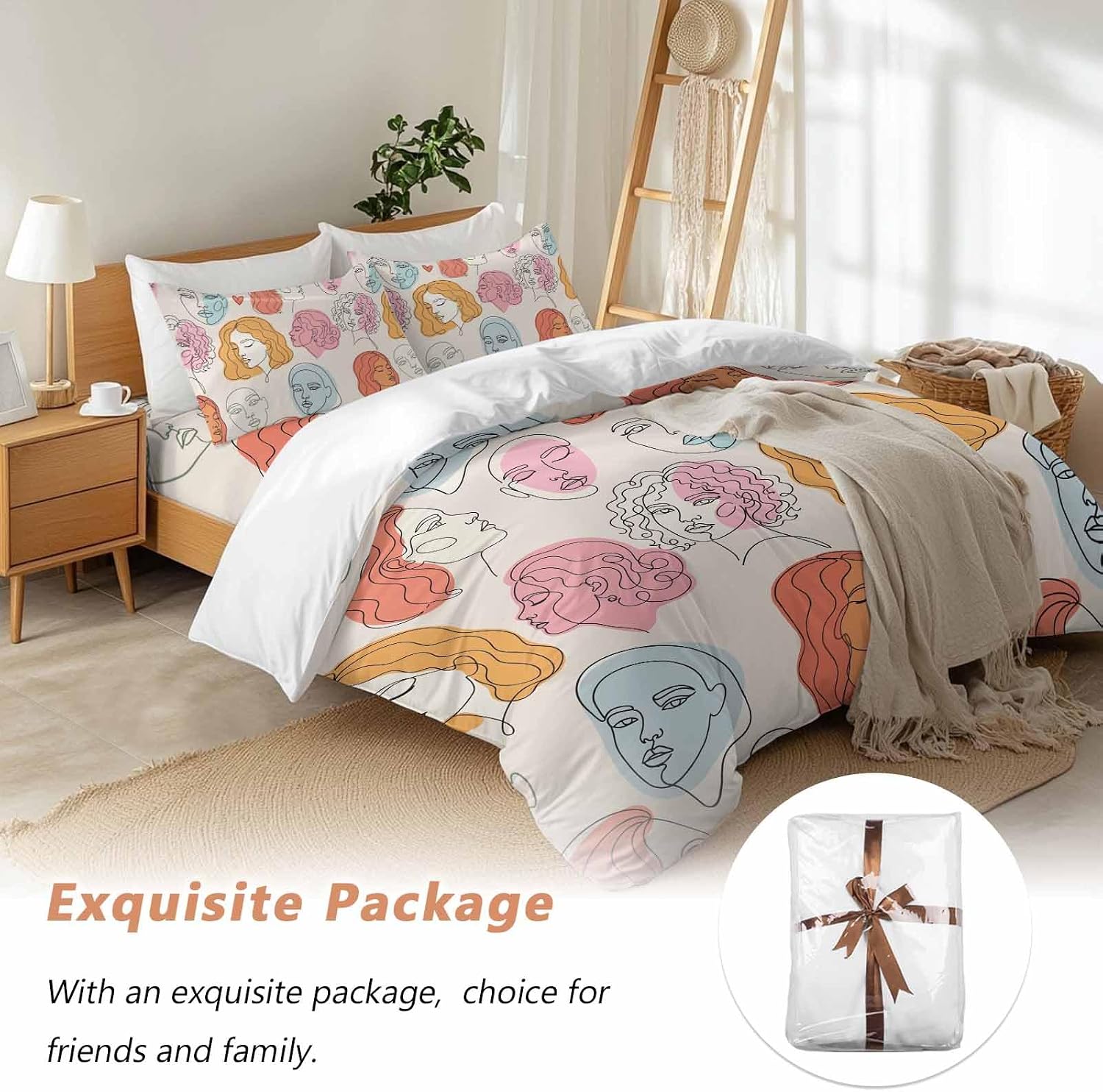 Abstract Face Painting Duvet Cover Set Queen Size 4 Pieces Boho Pink Portraits Minimalist Line Bedding Set with Zipper Closure, 1 Comforter Cover 90x92 Inches 1 Flat Sheet & 2 Pillow Cases