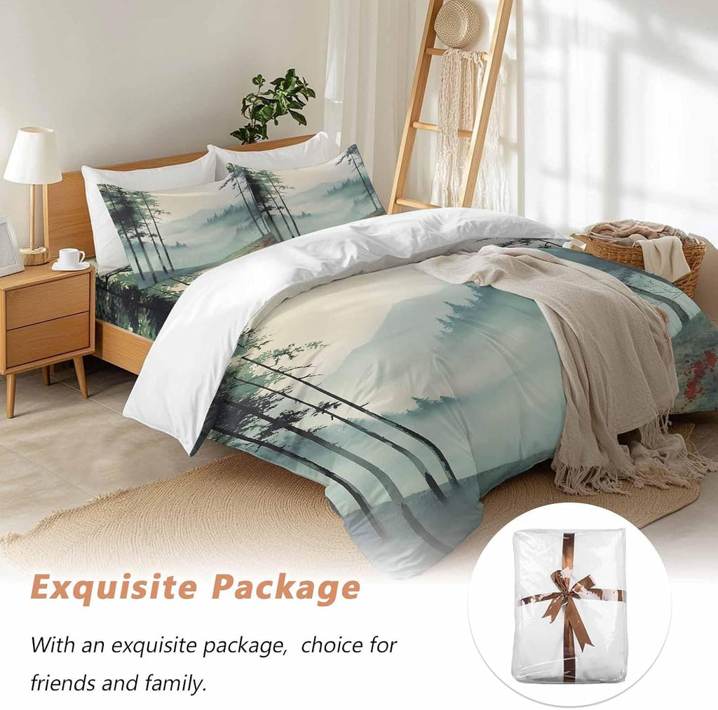 Prime Leader Forest Mountain Landscape Duvet Cover Set Queen Size 4 Pieces Foggy Retro Watercolor Bedding Set with Zipper Closure, 1 Comforter Cover 90x92 Inches 1 Flat Sheet & 2 Pillow Cases