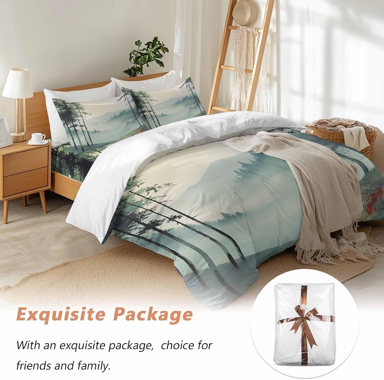 Prime Leader Forest Mountain Landscape Duvet Cover Set Queen Size 4 Pieces Foggy Retro Watercolor Bedding Set with Zipper Closure, 1 Comforter Cover 90x92 Inches 1 Flat Sheet & 2 Pillow Cases