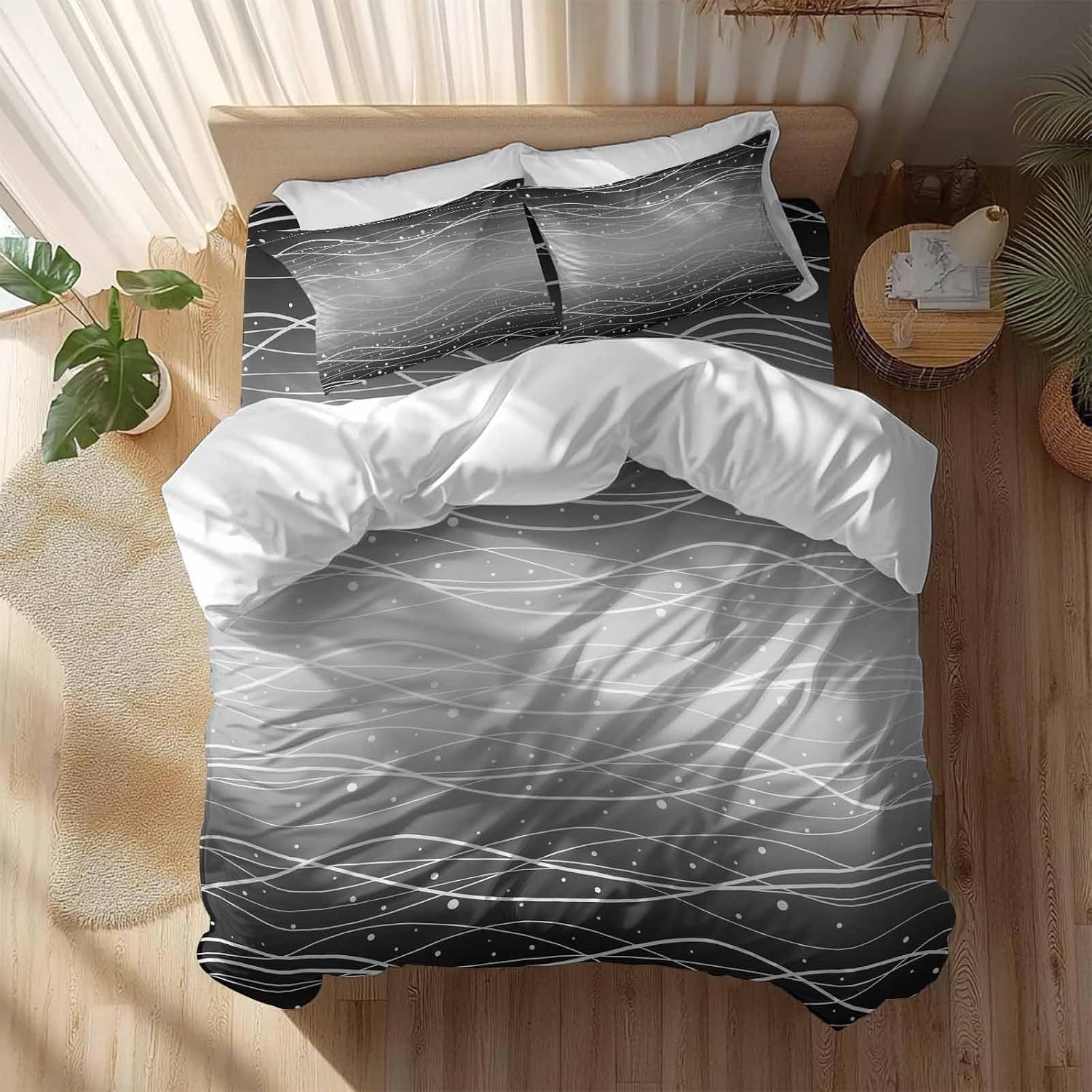 Gradient Black White Duvet Cover Set Queen Size 4 Pieces Wave Line Dots Modern Abstract Simple Bedding Set with Zipper Closure, 1 Comforter Cover 92x106 Inches 1 Flat Sheet & 2 Pillow Cases