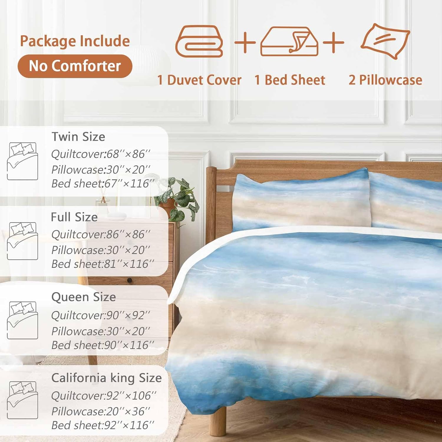 Summer Beach Duvet Cover Set Queen Size 4 Pieces Dark Blue Gradient Ocean Wave Beige Sand Abstract Bedding Set with Zipper Closure, 1 Comforter Cover 86x86 Inches 1 Flat Sheet & 2 Pillow Cases