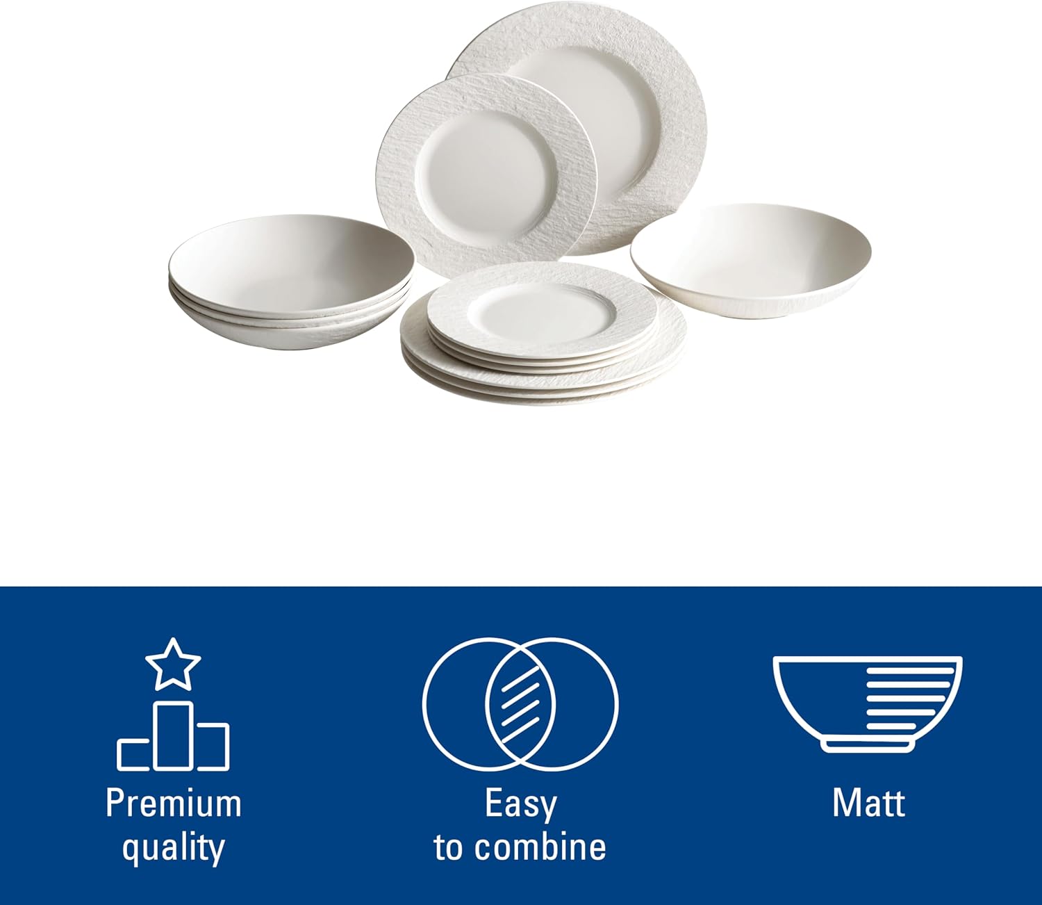 Villeroy & Boch Manufacture Rock Blanc 12-Piece Dinnerware Set, Service for 4, Dinner Plates, Salad Plates & Pasta Bowls, Premium Porcelain, Made in Germany, Matte White