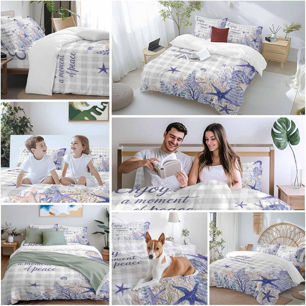 Purple Ocean Duvet Cover Set Queen Size 4 Pieces Enjoy A Moment of Peace Beach Starfish Shell Gray Plaid Bedding Set with Zipper Closure, 1 Comforter Cover 90x92 Inches 1 Flat Sheet & 2 Pillow Cases