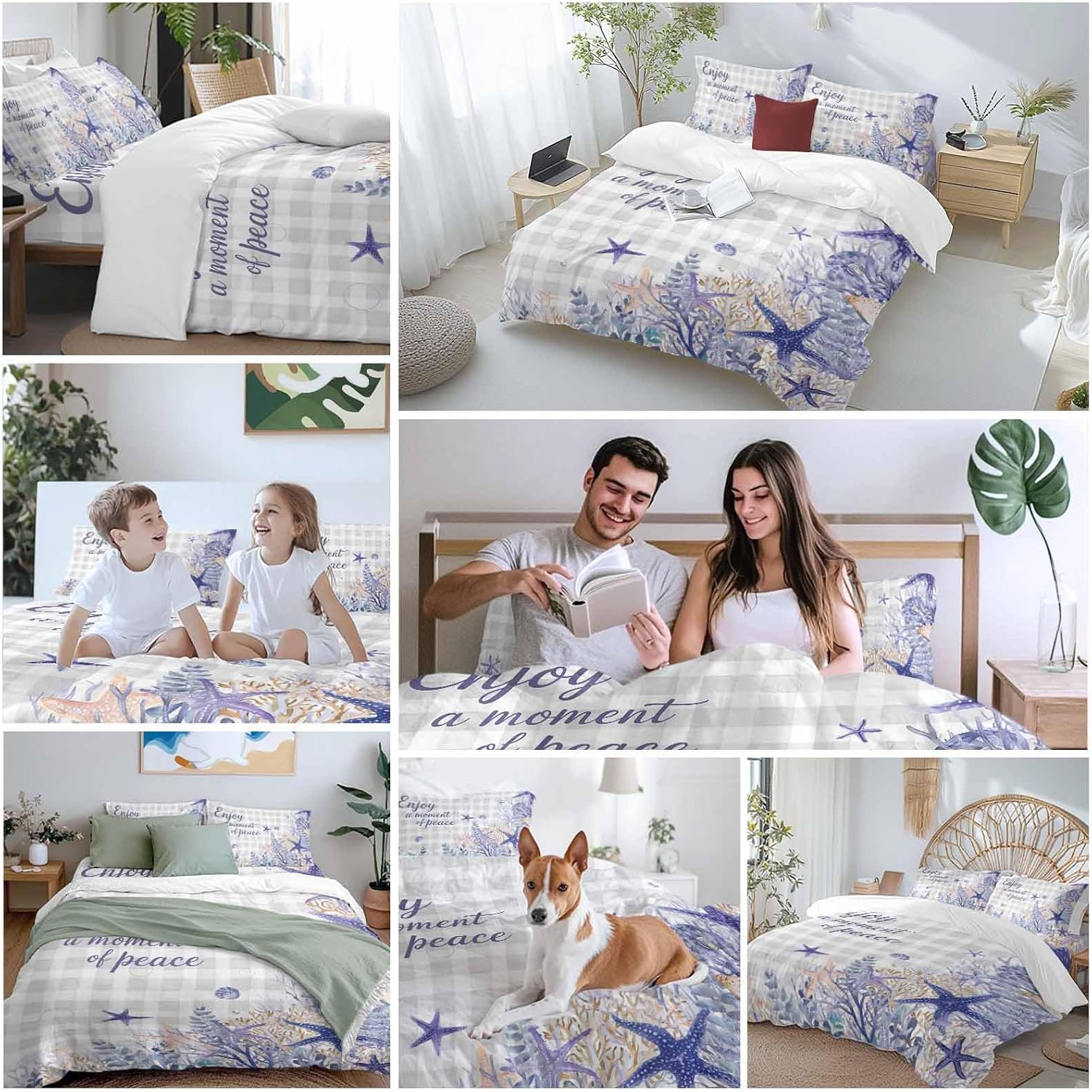 Purple Ocean Duvet Cover Set Queen Size 4 Pieces Enjoy A Moment of Peace Beach Starfish Shell Gray Plaid Bedding Set with Zipper Closure, 1 Comforter Cover 90x92 Inches 1 Flat Sheet & 2 Pillow Cases