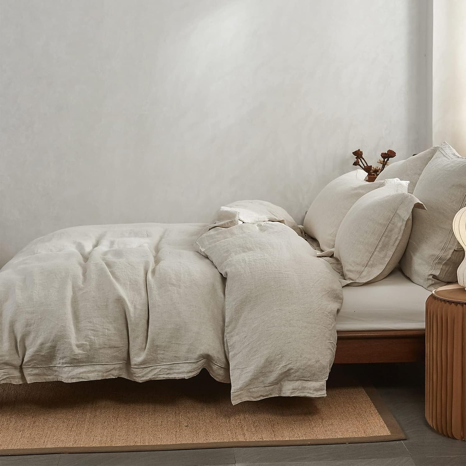 Simple&Opulence 100% Washed Linen Duvet Cover Set with Embroidered,3 Pieces Soft Farmhouse Comforter Set with Button Closure,1 Duvet Cover and 2 Pillowshams(King,Natural Linen)