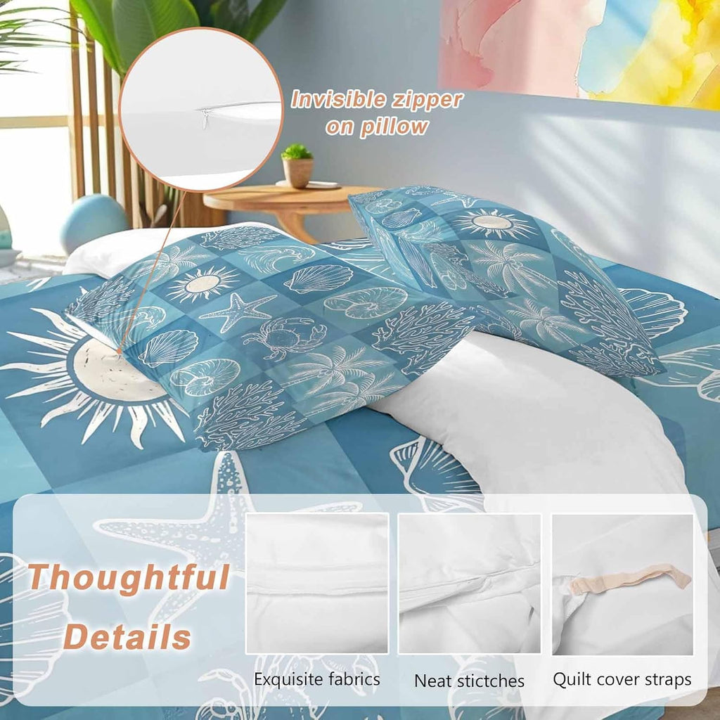 Prime Leader Blue Coastal Duvet Cover Set Queen Size 4 Pieces Summer Ocean Waves Shell Crab Coconut Tree Bedding Set with Zipper Closure, 1 Comforter Cover 86x86 Inches 1 Flat Sheet & 2 Pillow Cases