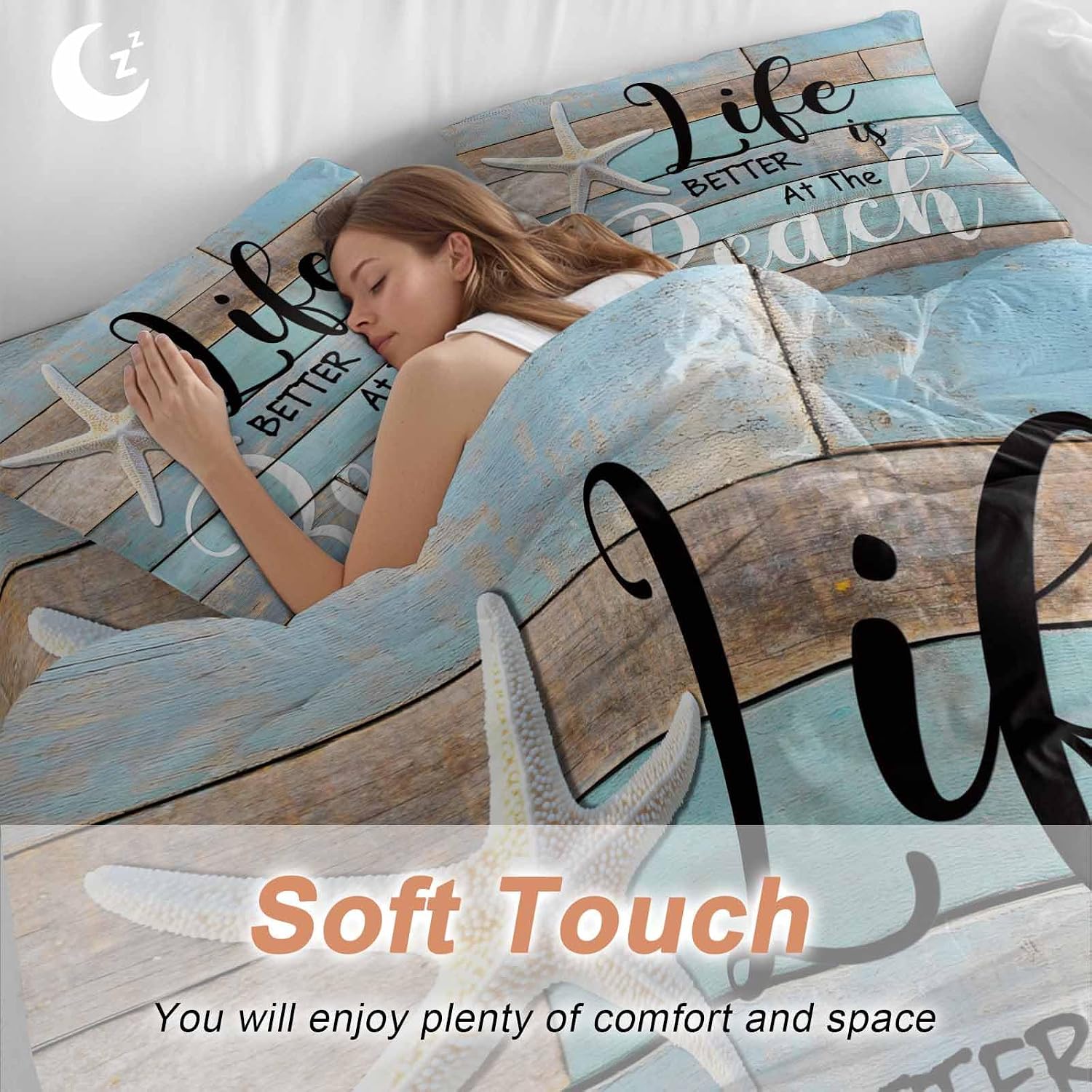 Life Is Duvet Cover Set Queen Size 4 Pieces Better at The Beach Summer Starfish Teal Wood Grain Bedding Set with Zipper Closure, 1 Comforter Cover 90x92 Inches 1 Flat Sheet & 2 Pillow Cases
