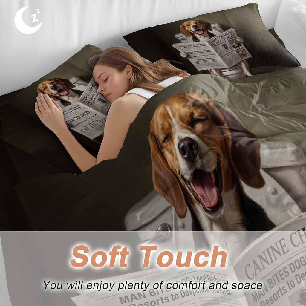 Prime Leader Funny Dog Puppy Duvet Cover Set Queen Size 4 Pieces Cute Beagle Cartoon Newspaper Toilet Bedding Set with Zipper Closure, 1 Comforter Cover 92x106 Inches 1 Flat Sheet & 2 Pillow Cases