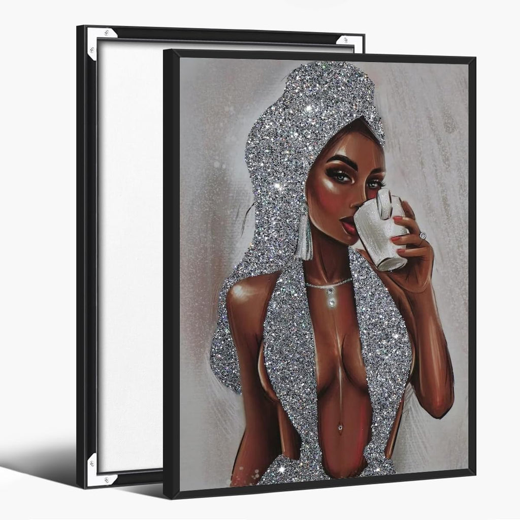 African American Black Women Wall Art Girl Popular Canvas Print Painting Black Woman Silver Glitter Textured Posters for Home Living Room Bethroom dorm Bathroom Wall Decor 24x36inch Black Framed