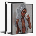 African American Black Women Wall Art Girl Popular Canvas Print Painting Black Woman Silver Glitter Textured Posters for Home Living Room Bethroom dorm Bathroom Wall Decor 24x36inch Black Framed