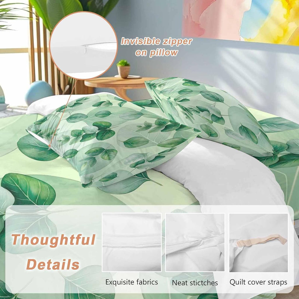 Green Leaf Duvet Cover Set Queen Size 4 Pieces Summer Green Eucalyptus Leaves Plants Farmhouse Bedding Set with Zipper Closure, 1 Comforter Cover 86x86 Inches 1 Flat Sheet & 2 Pillow Cases
