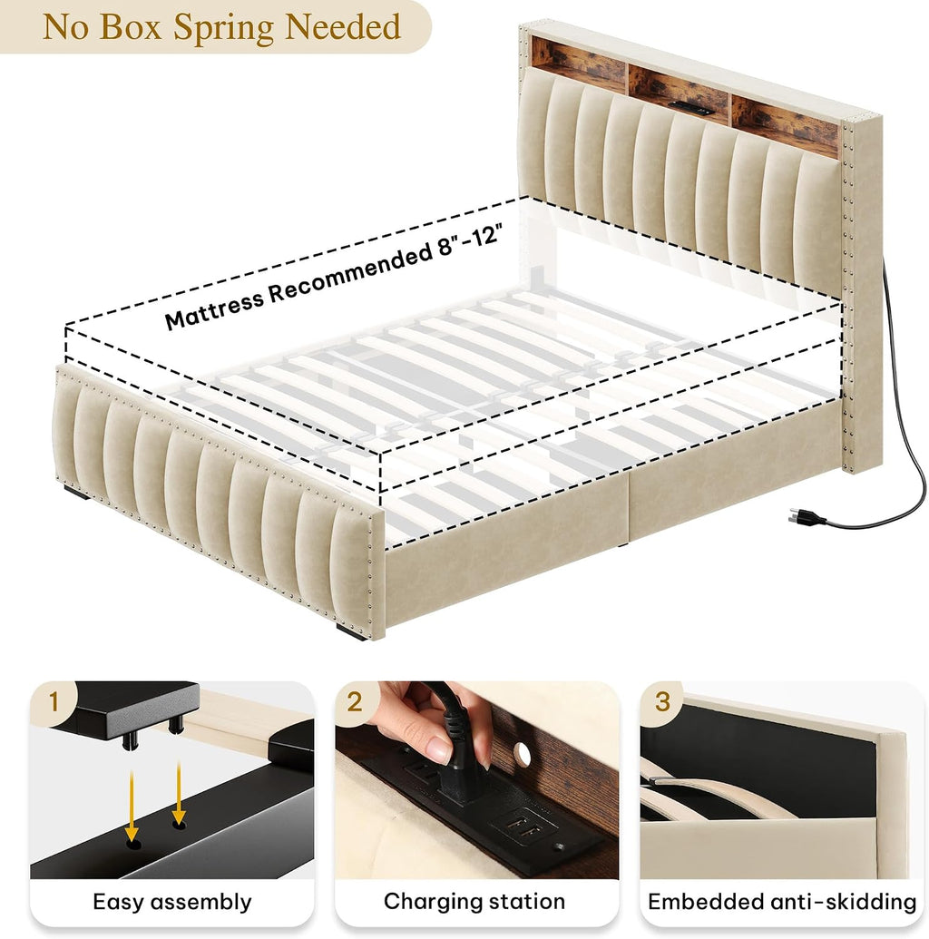 YITAHOME Full Size Bed Frame with 4 Storage Drawers and RGB LED Lights, Velvet Upholstered Platform Bed with Charging Station and Storage Headboard, No Box Spring Needed, Easy Assembly, Beige
