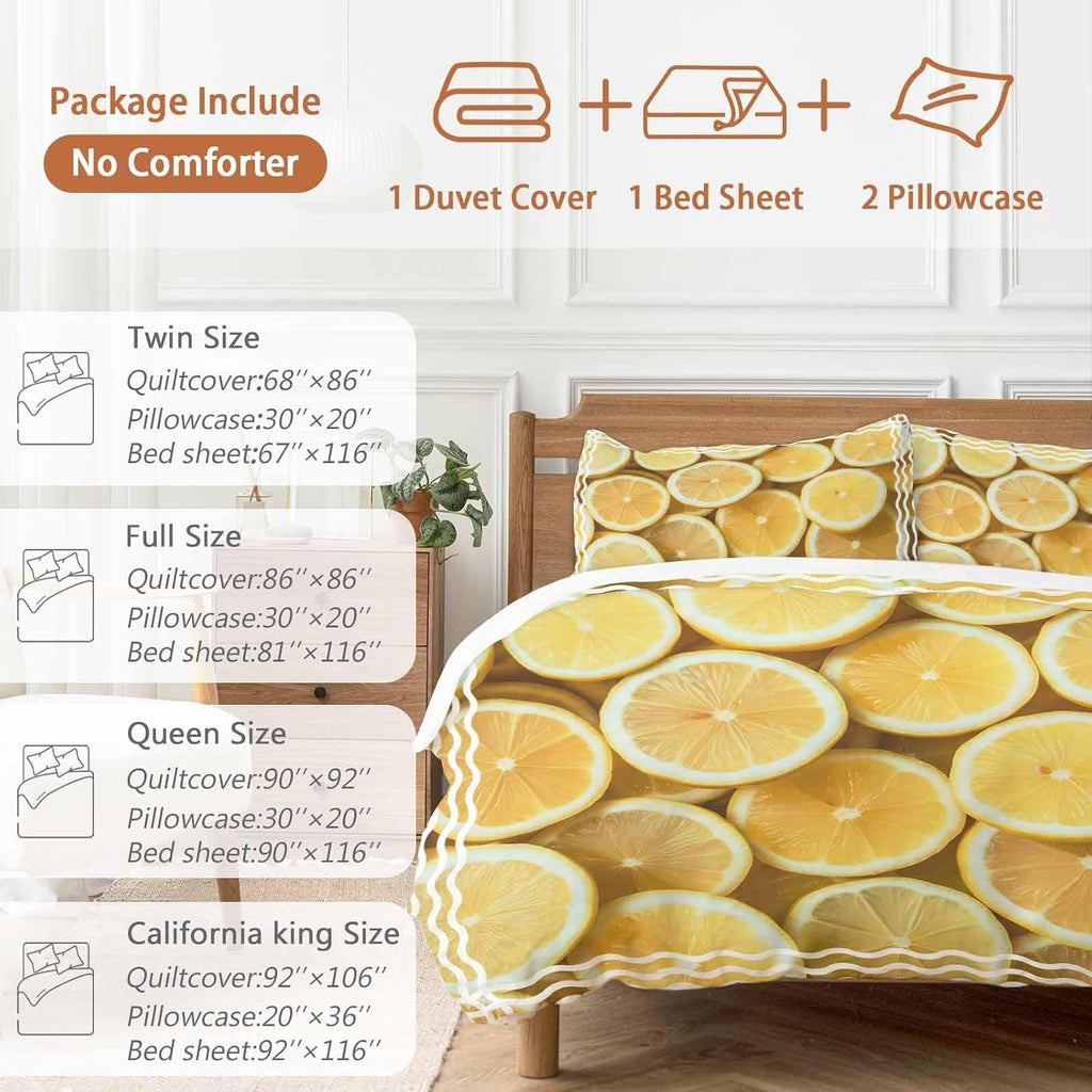 Yellow Lemon Duvet Cover Set Queen Size 4 Pieces Retro Country Watercolor Fruit Farmhouse Stripes Bedding Set with Zipper Closure, 1 Comforter Cover 92x106 Inches 1 Flat Sheet & 2 Pillow Cases
