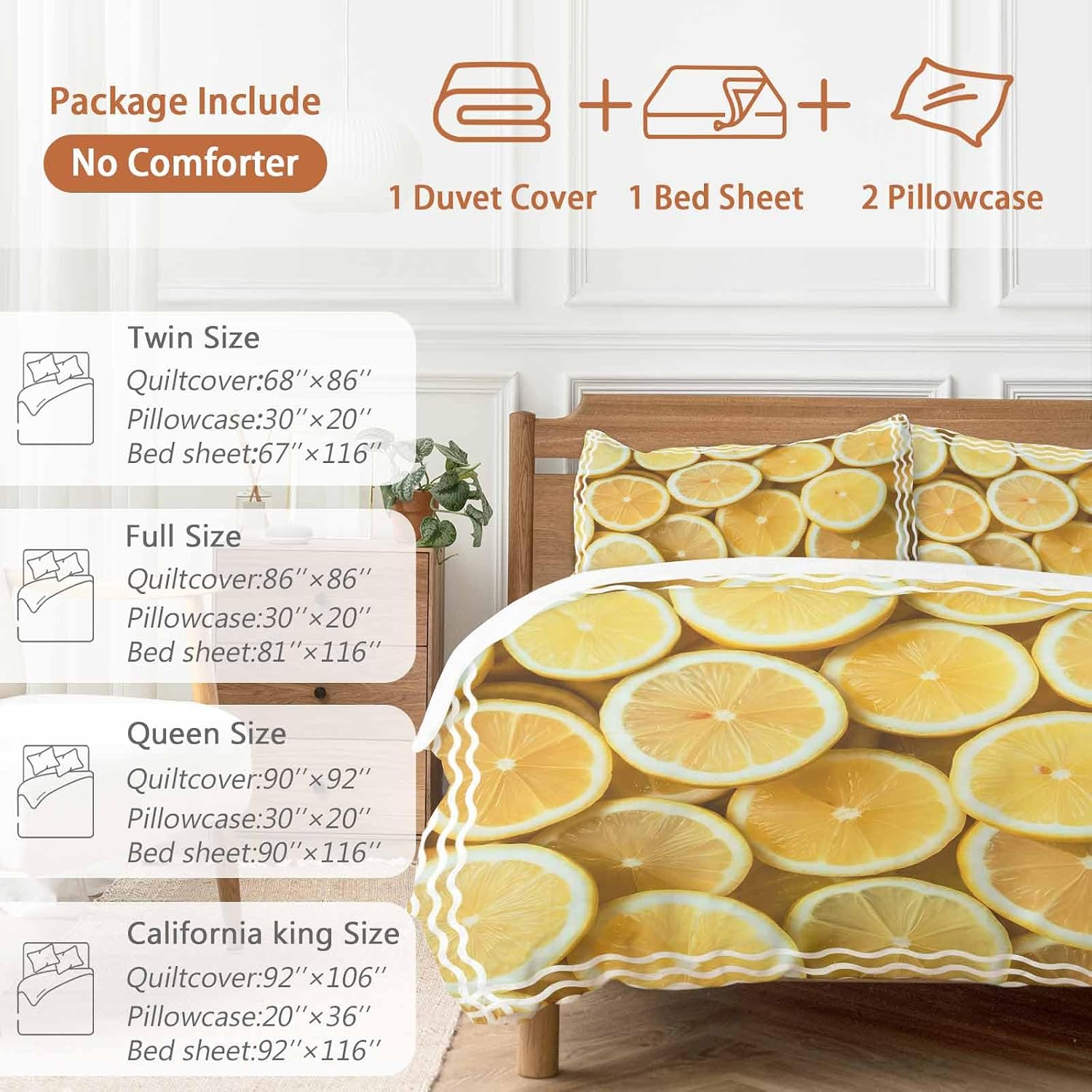 Yellow Lemon Duvet Cover Set Queen Size 4 Pieces Retro Country Watercolor Fruit Farmhouse Stripes Bedding Set with Zipper Closure, 1 Comforter Cover 92x106 Inches 1 Flat Sheet & 2 Pillow Cases