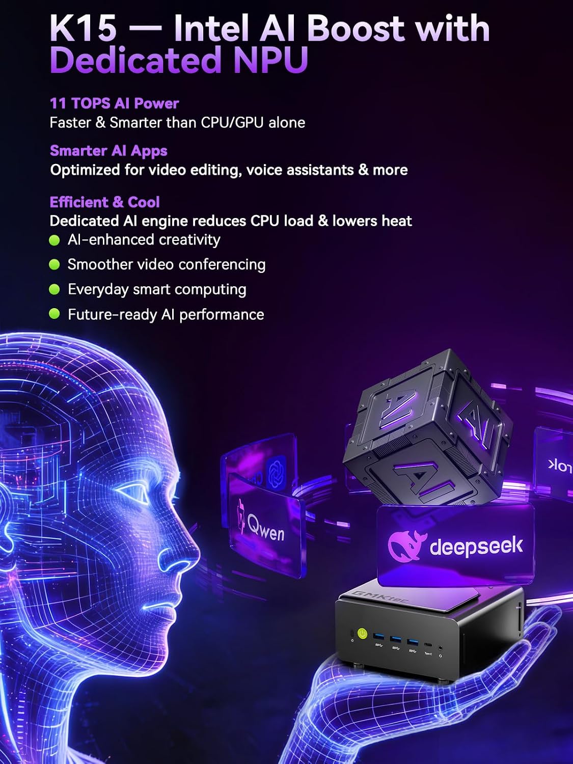 GMKtec K15 AI Mini PC Oculink, Intel Ultra 5 125U(12T/14C, Up to 4.3GHz), 3X M.2 2280 PCIe 4.0x4 MAX Storage Expansion, Dual NIC 2.5G, Quad Display HDM2.1,USB4,WiFi 6E, Mini Computer(No RAM/SSD/OS)