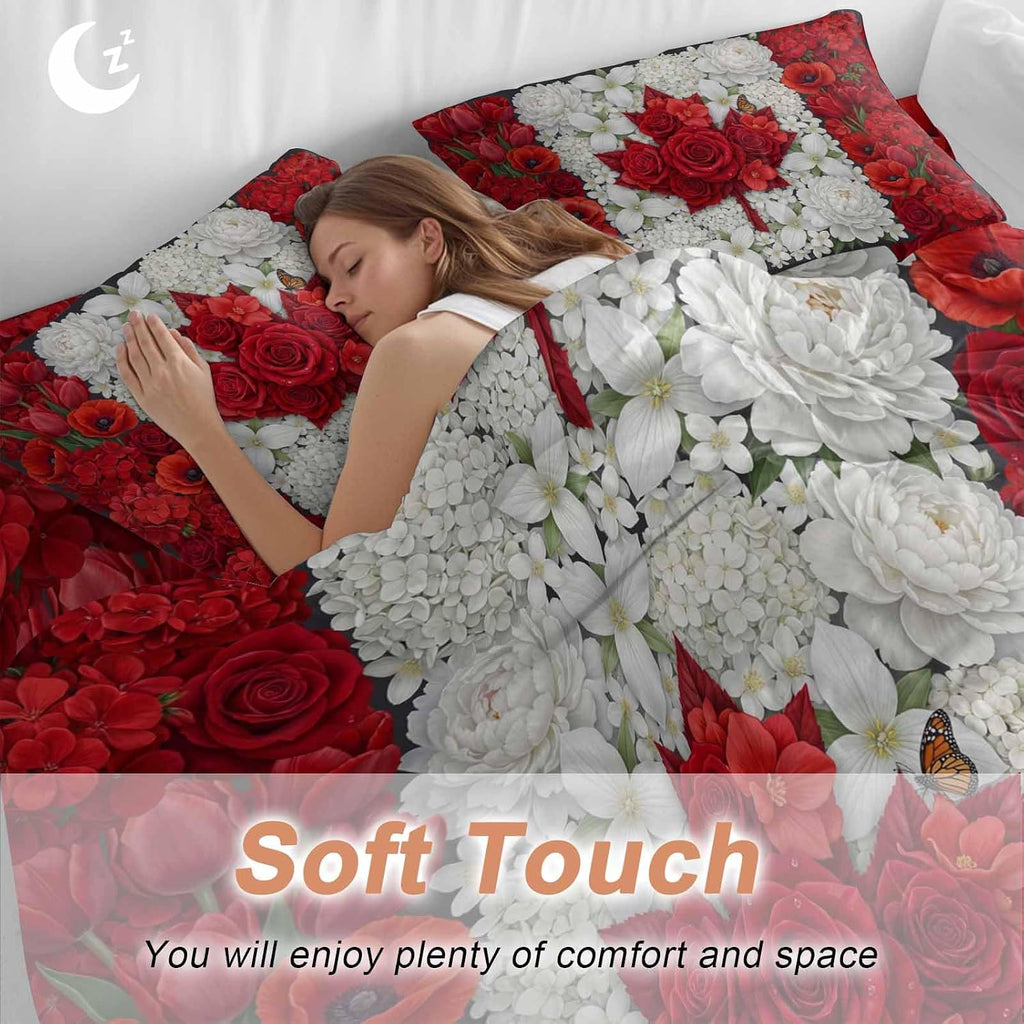 Prime Leader Floral Duvet Cover Set Queen Size 4 Pieces Watercolor White Red Flowers Canada Flag Style Bedding Set with Zipper Closure, 1 Comforter Cover 86x86 Inches 1 Flat Sheet & 2 Pillow Cases