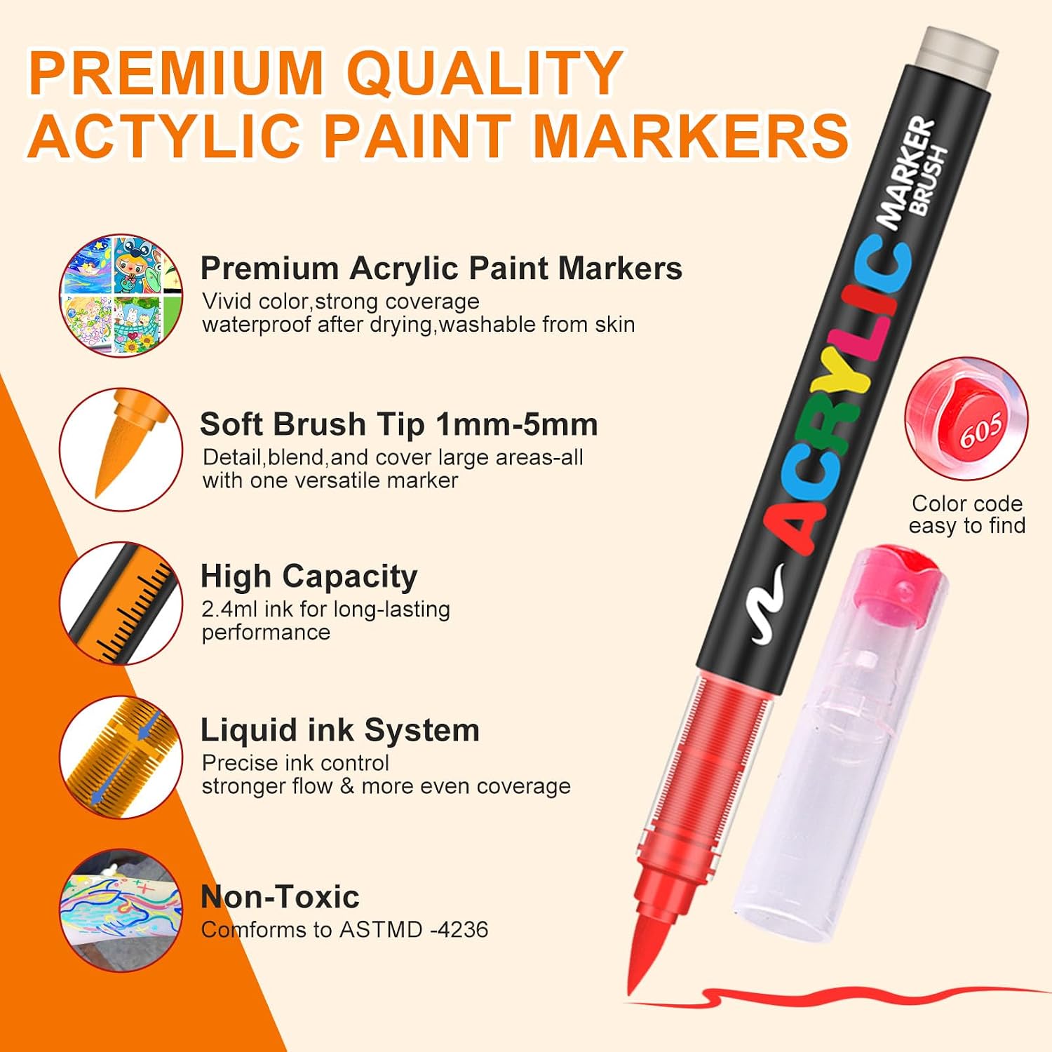 288 Colors Soft Brush Tip Acrylic Markers Set, Paint Pens for Rock, Wood, Fabric, Canvas, Glass, DIY Crafts, Waterproof Paint Markers, Vibrant Acrylic Pens for Artists and Art Projects（BAG)