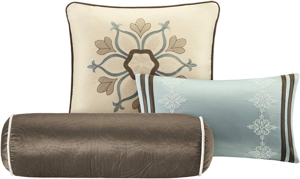 Madison Park Cozy Comforter Set Casual Modern Design All Season, Matching Bed Skirt, Decorative Pillows, Queen(92'x96'), Blue, 9 Piece (MP10-458)