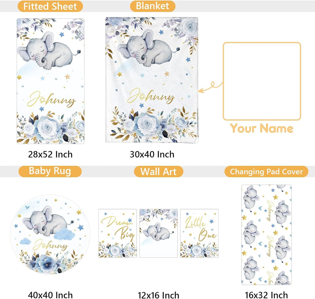 Terwex Custom Baby Crib Bedding Set, 5 Pcs Personalized Name Baby Crib Sets for Infant Toddler, Blue Elephant Nursery Bedding Set for Boy Girl, Double Layer Flannel Baby Bedding Sets Customized Gifts