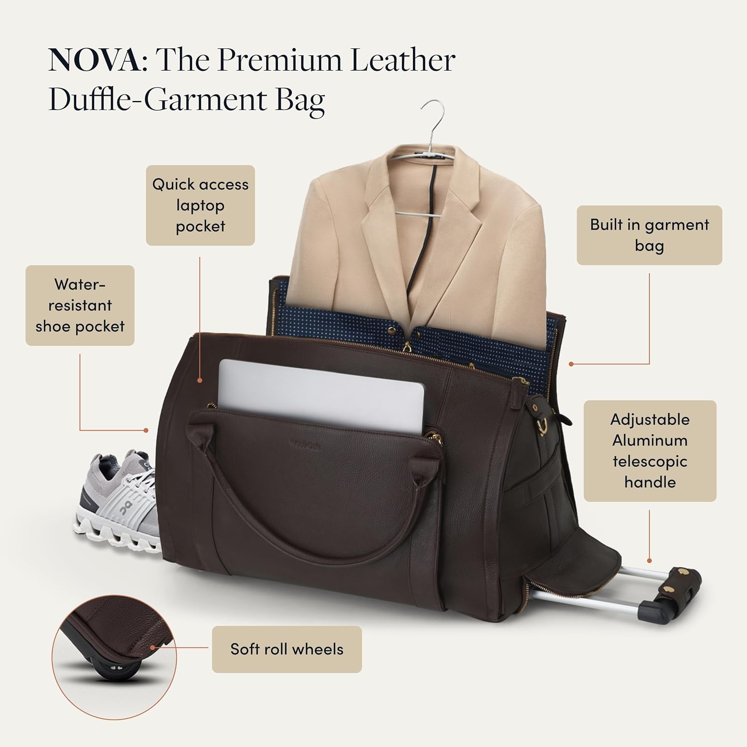 Wool & Oak - NOVA Large Duffle Bag with Wheels - Carry On Garment Duffle Bags for Travel, Overnight, & Hospital - Travel Bags for Women & Men with Shoe Compartment, Tech Pocket (Leather, Jet Black)