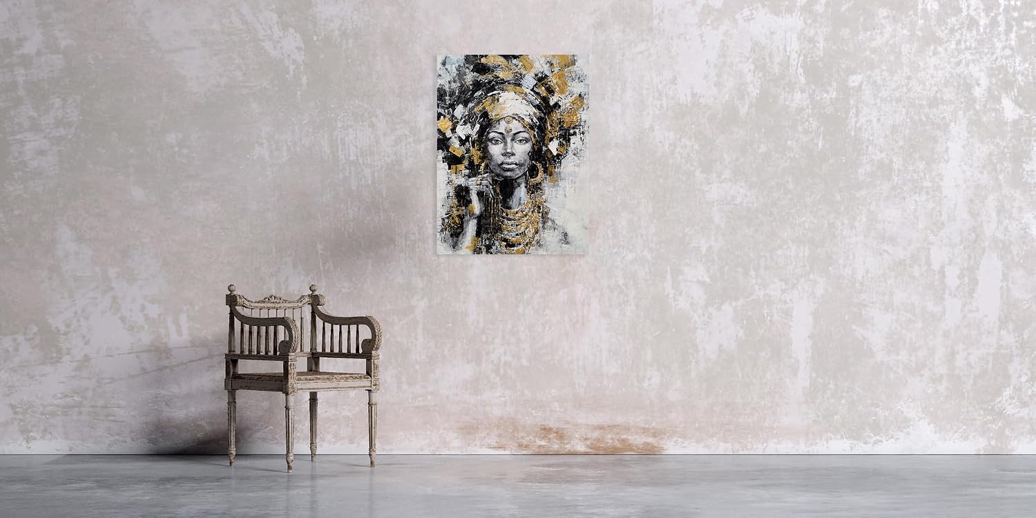 Yihui Arts Black Woman Painting with Gold Foil - Hand Painted African American Canvas Wall Art for Living Room, Bedroom, and Hallway Decor